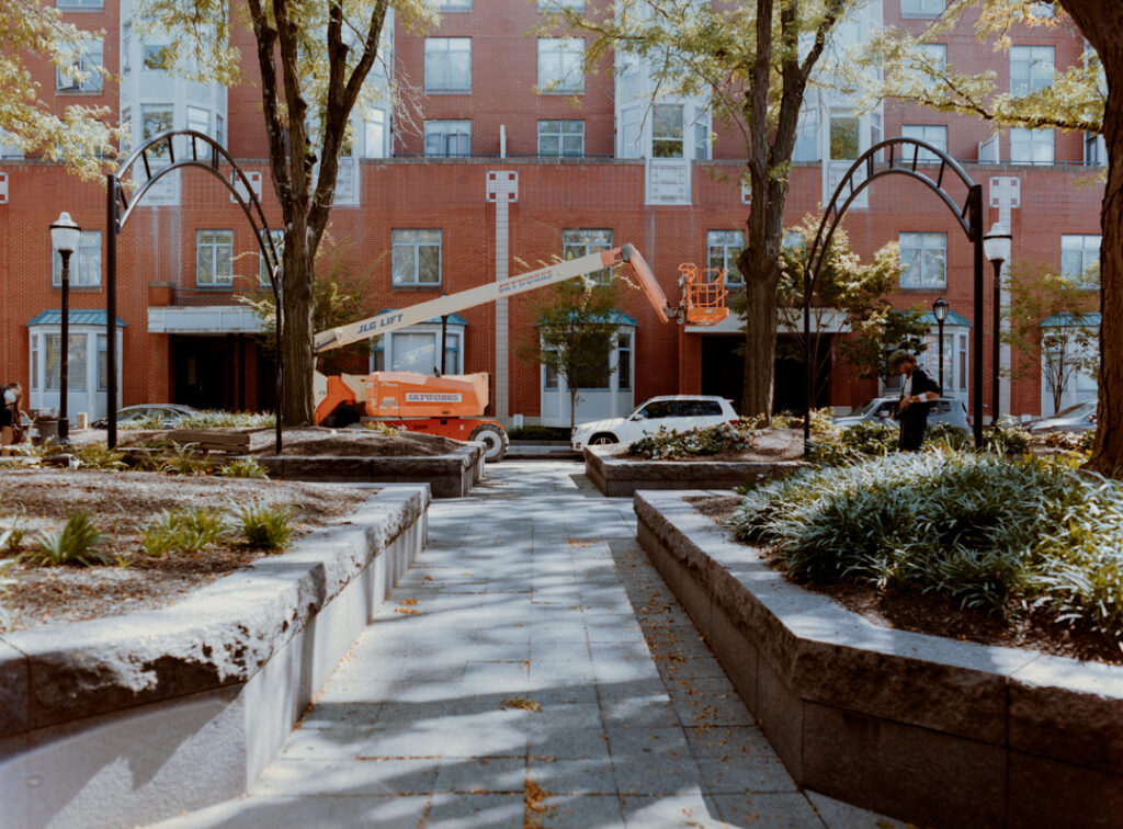 A paved walkway is flanked by raised garden beds and arches on a sunny day. Behind the walkway is a red-brick building with large windows and an orange construction lift in front.