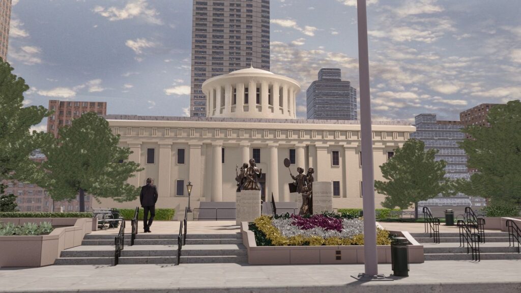 Digital rendering of the Ohio Women’s Monument on the Statehouse grounds shows bronze figures of suffragists atop engraved pillars, surrounded by trees and flowers.