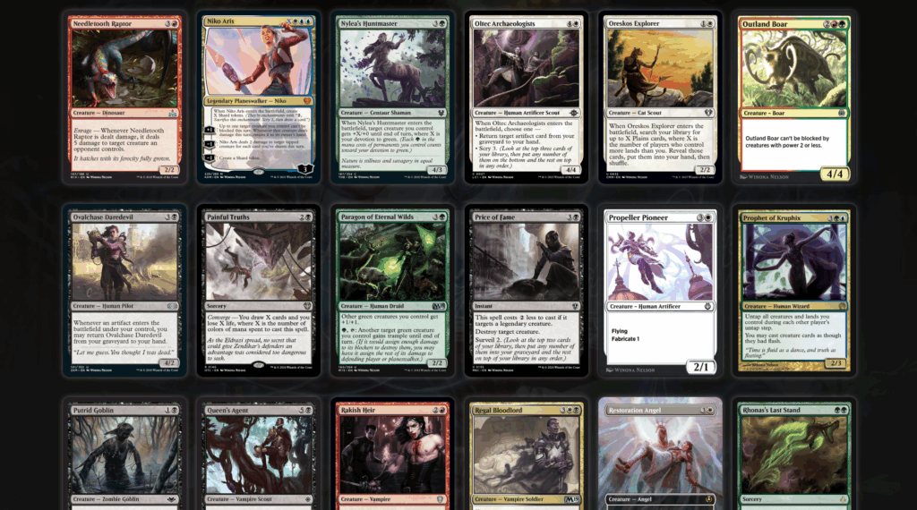 A screenshot of many playing cards with images on them.