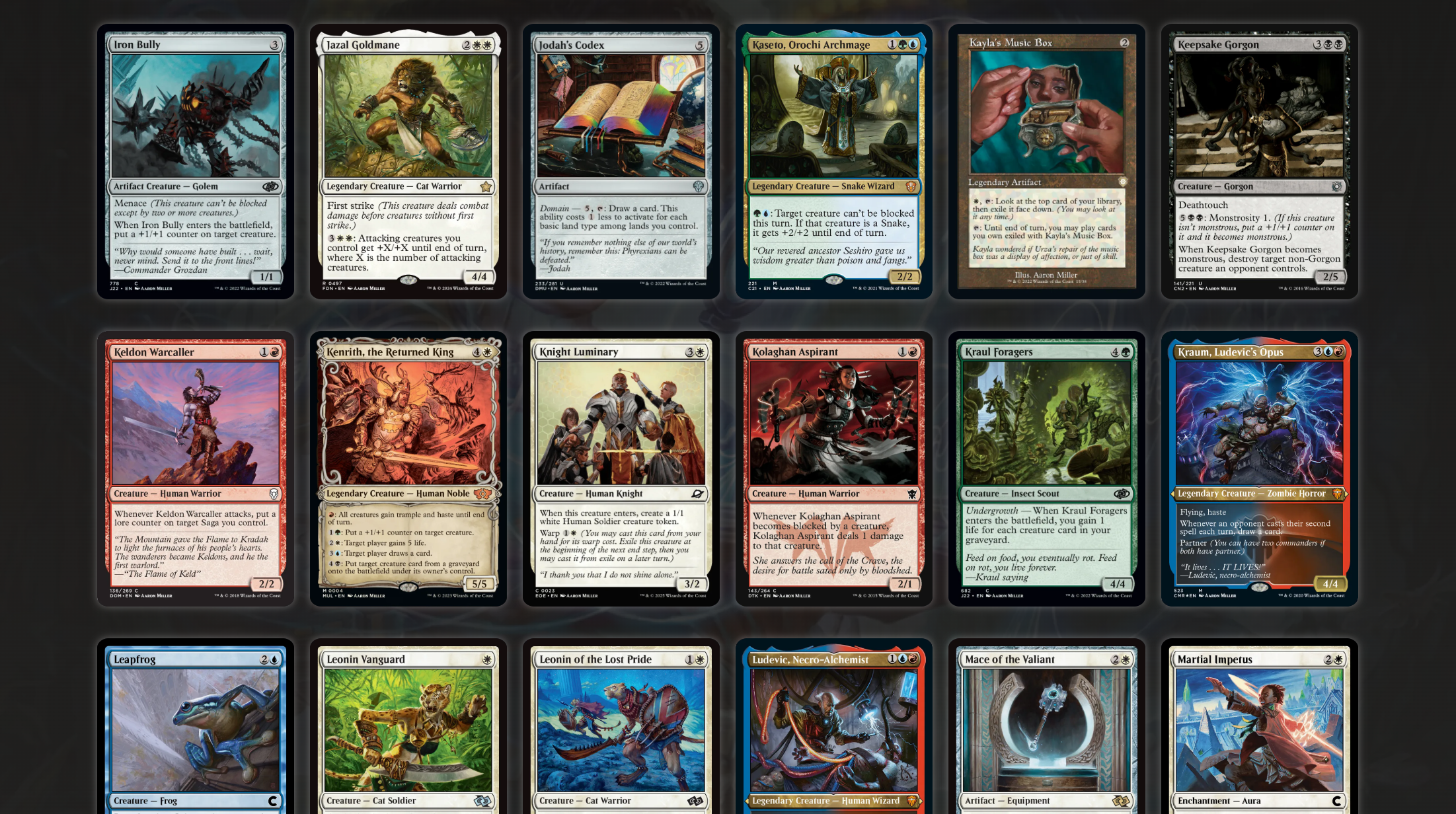 A screenshot of multiple playing cards with different colorful images on them.