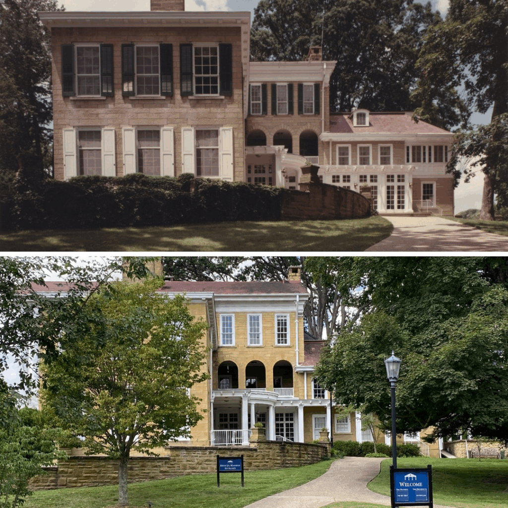 Two images of an old mansion.