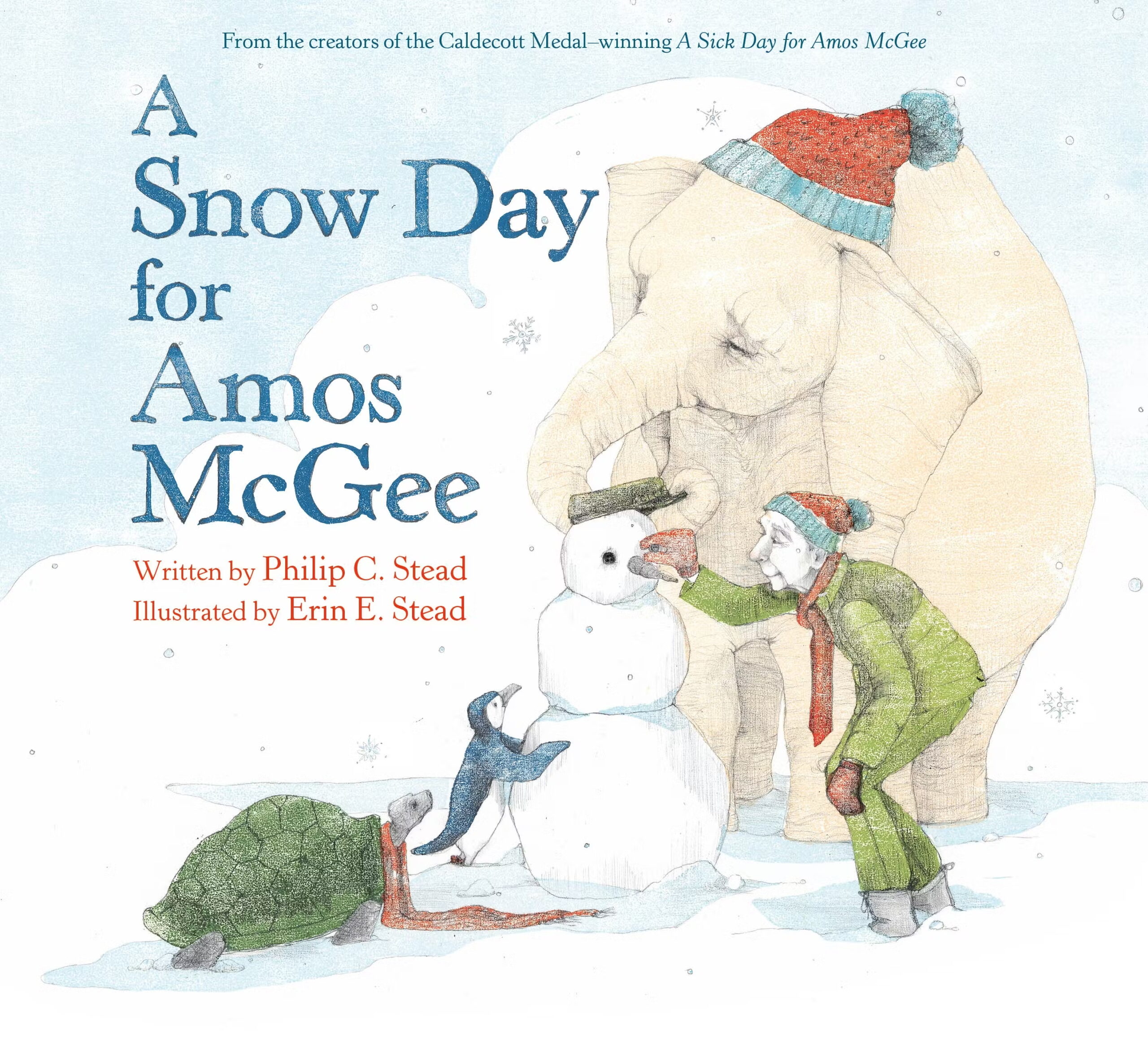 Children’s book cover illustration showing Amos McGee and his animal friends—an elephant, tortoise, penguin, and rhinoceros—building a snowman together on a snowy day. Soft, hand-drawn style with pale winter colors.