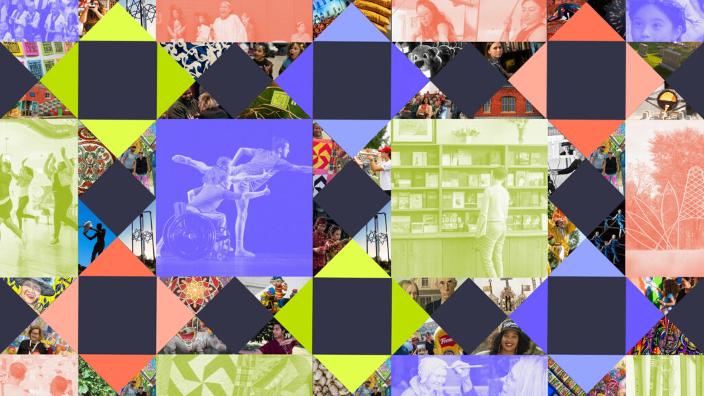 A quilt-style graphic made of alternating diamonds and triangles in Arts Midwest brand colors—yellow, coral, lavender, and navy. Dozens of small photos fill some of the shapes, showing scenes of Midwestern creativity: dancers performing, musicians playing outside, artists working in studios, kids participating in cultural activities, handmade quilts, theater rehearsals, community celebrations, murals, and public art sculptures.