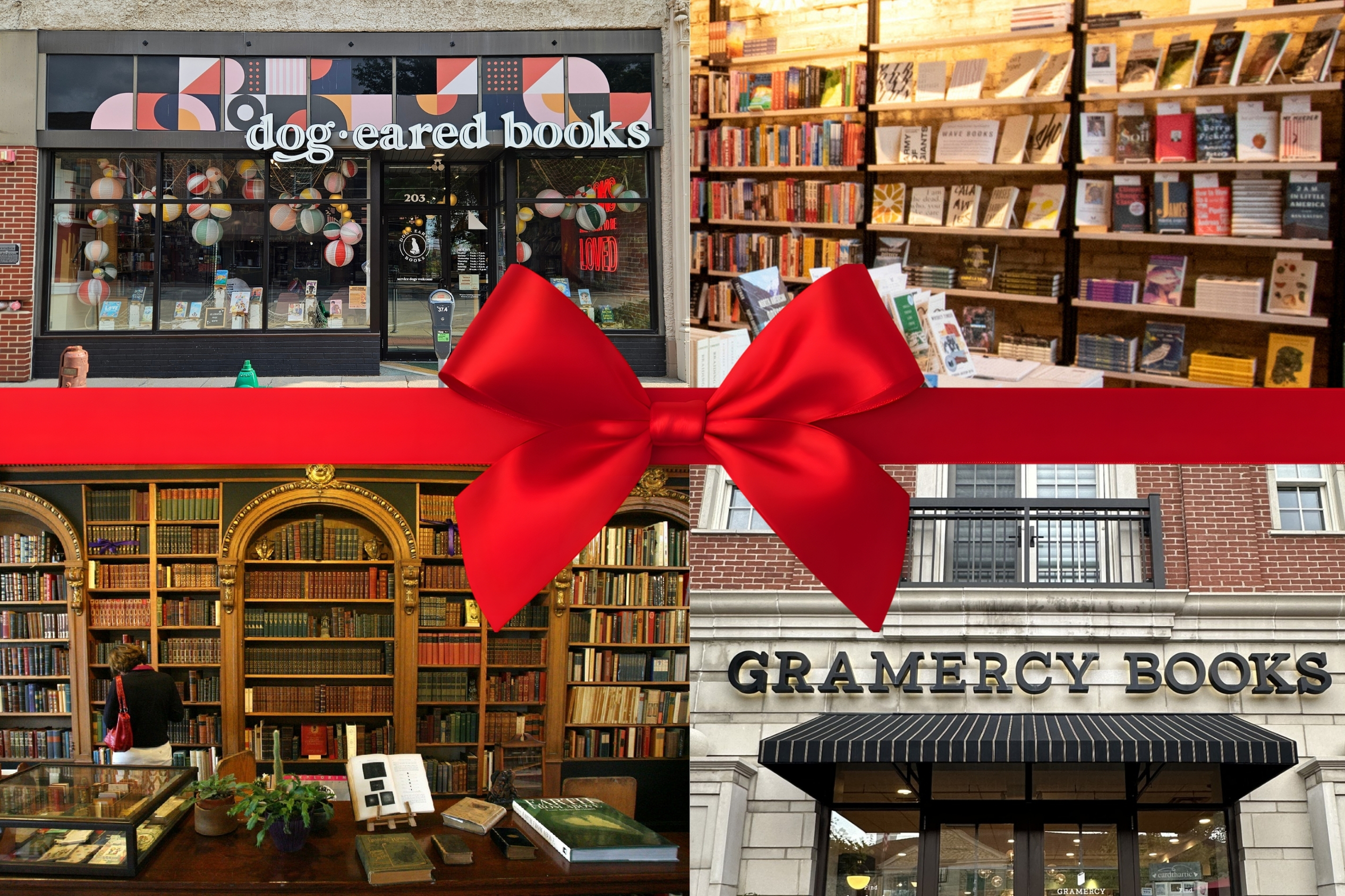Four-photo collage of independent bookstores, including storefronts and interior shelves filled with books. A large red ribbon and bow stretch across the center, creating a gift-wrapped effect.