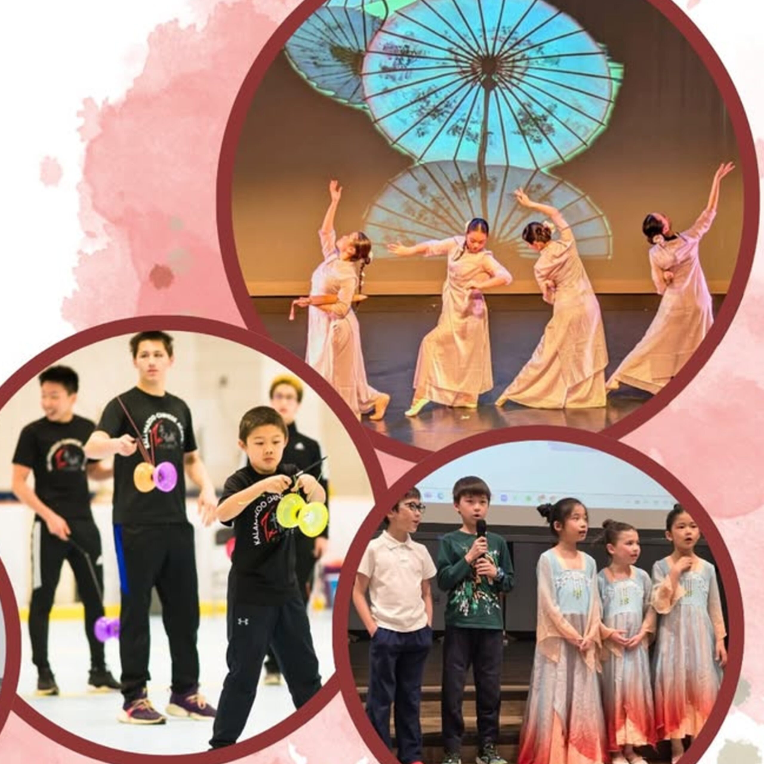 A collage shows children and youth participating in Chinese cultural arts, including traditional dance with flowing costumes, diabolo performance, and a small group singing or presenting onstage.
