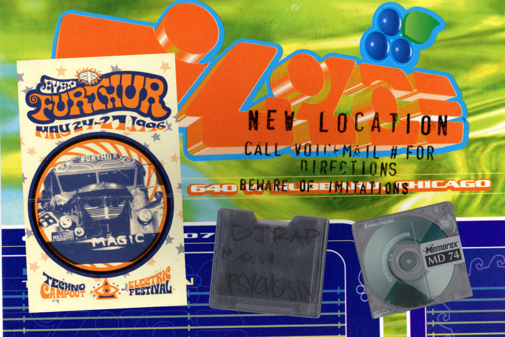 Collage featuring a festival flyer with vintage car, the words "Even Furthur" and dates for the festical, colorful abstract background, and mini discs