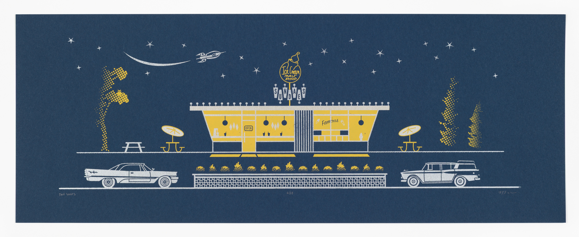 An illustration of an old-fashioned ice cream shop and two antique cars against a navy blue sky.