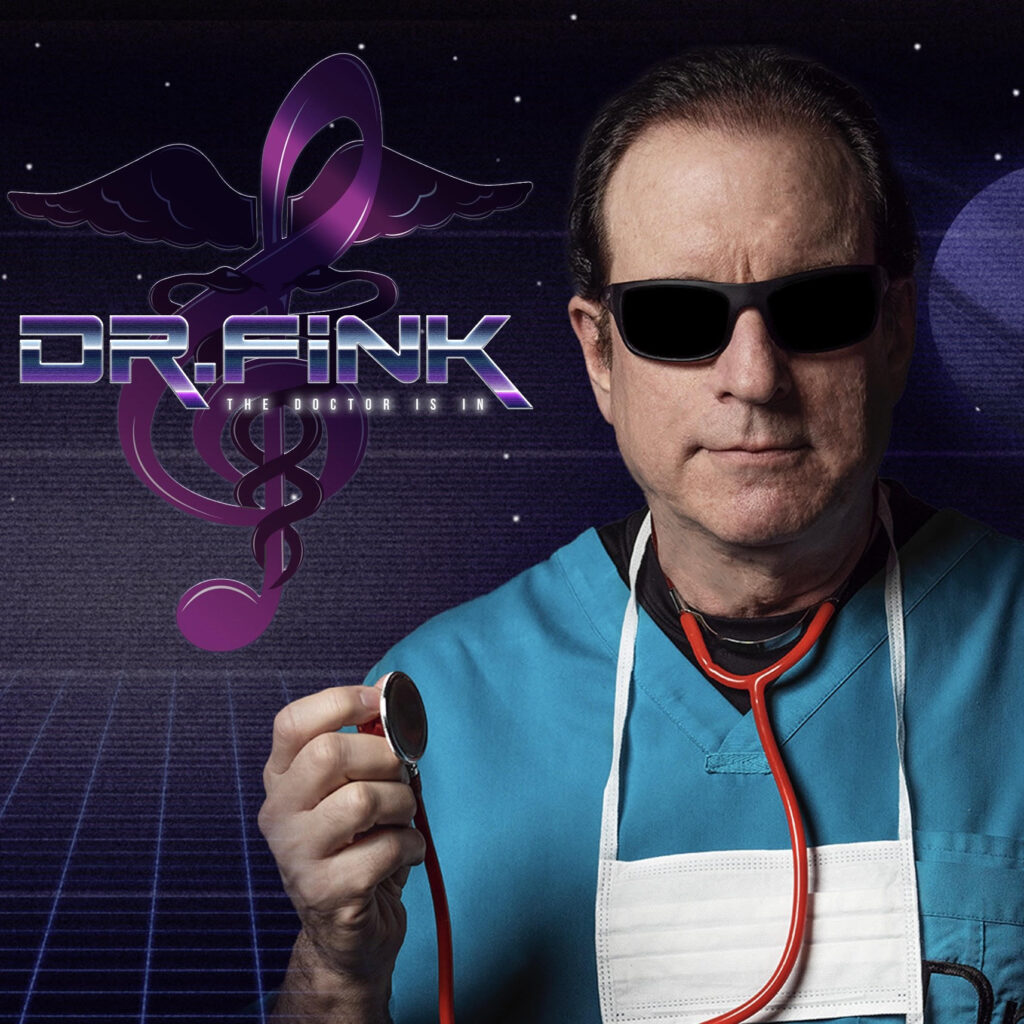A music album art featuring a person wearing blue scrubs and sunglasses with a red stethoscope and mask around their neck. There's graphic elements around them with text that reads "Dr. Fink" and "The doctor is in"