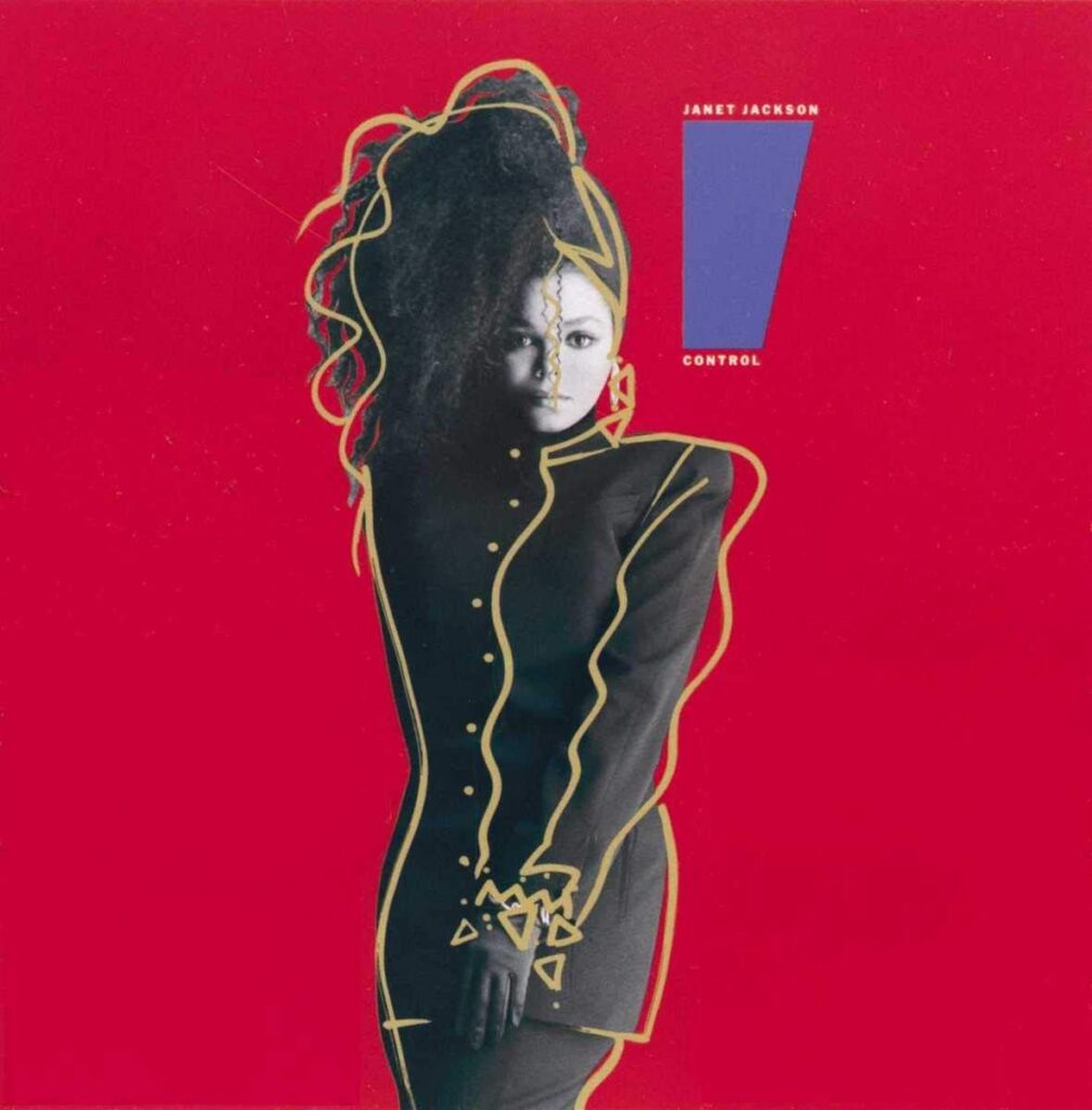 A music album art depicting a person in a black suit and long curly hair on a red background. There's a small graphic element by their picture with text that reads "Janet Jackson" and "Control"