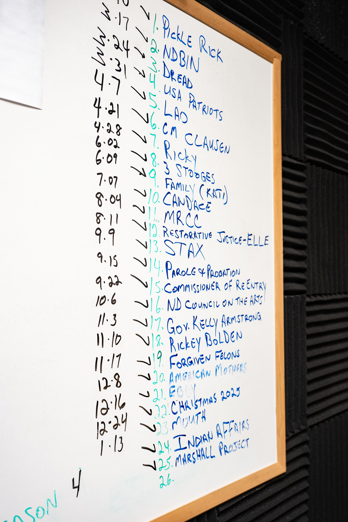A white board with a long list that includes dates, numbers, and names.