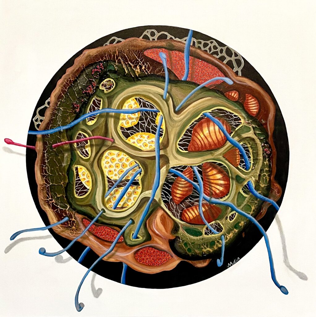 A colorful painting with different organic shapes that almost look like cells and nerves under a microscope