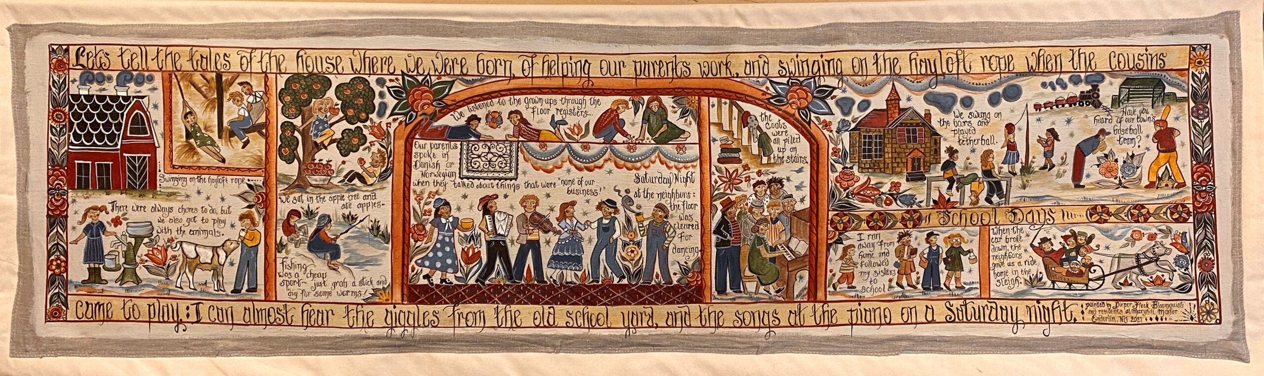 A long scroll-like painting made in a traditional Swedish style depicting people participating in different community activities.
