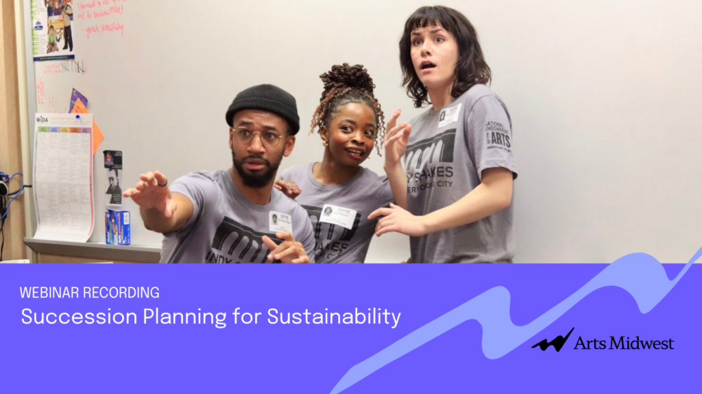 Three actors in a classroom. A purple bar across the bottom that says Succession Planning for Sustainability in white text.