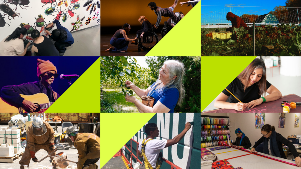 A collage of diverse women engaged in creative and community activities including mural work, dance with a wheelchair user, gardening, music performance, foraging, painting, metal casting, and textile cutting.