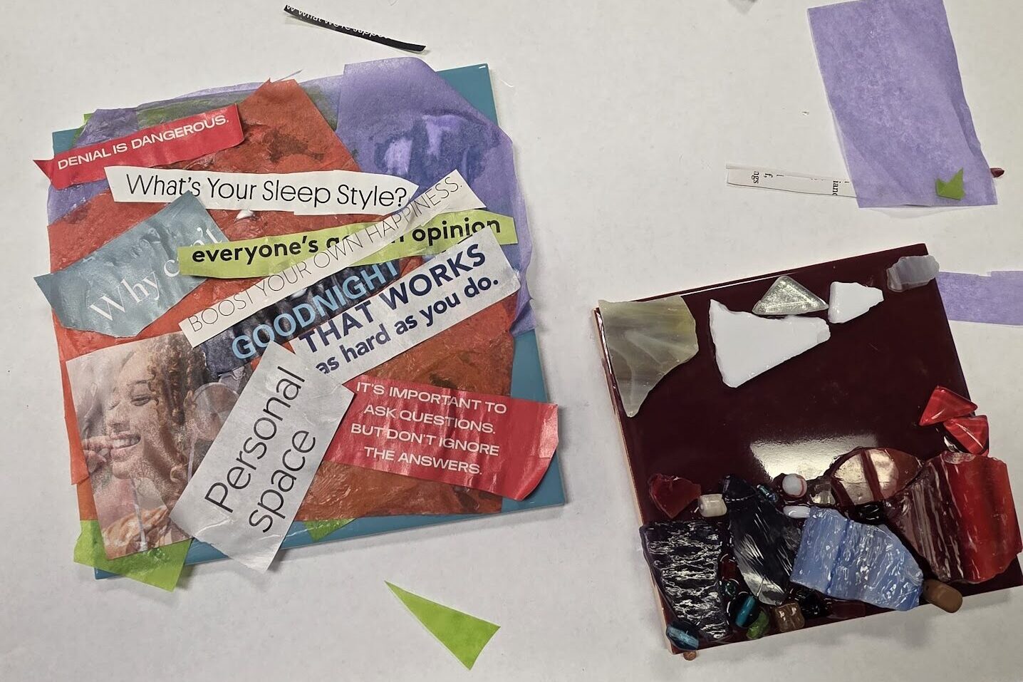 A collage work that includes photo and text cutouts from magazines sitting next to a mosaic piece with colorful materials.