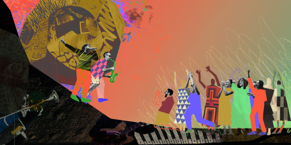 A digital illustration of two musicians performing for an abstract audience with green and red colors throughout.