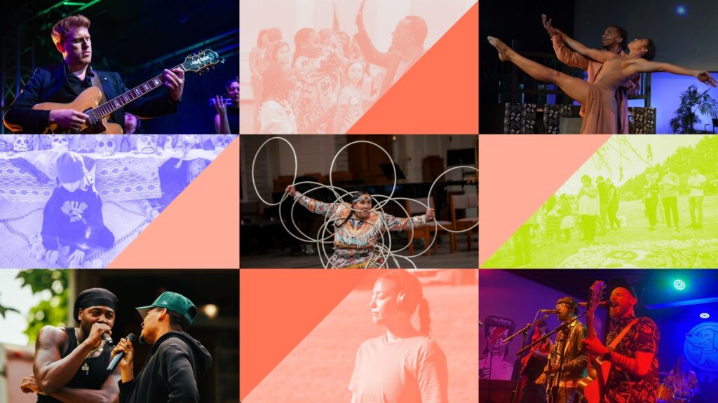 A quilt-style graphic made of alternating rectangles and triangles in Arts Midwest brand colors of coral, yellow, and lavender. Dozens of small photos fill some of the shapes, showing scenes of Midwestern creativity: musicians playing, dancers performing, and kids participating in cultural activities.