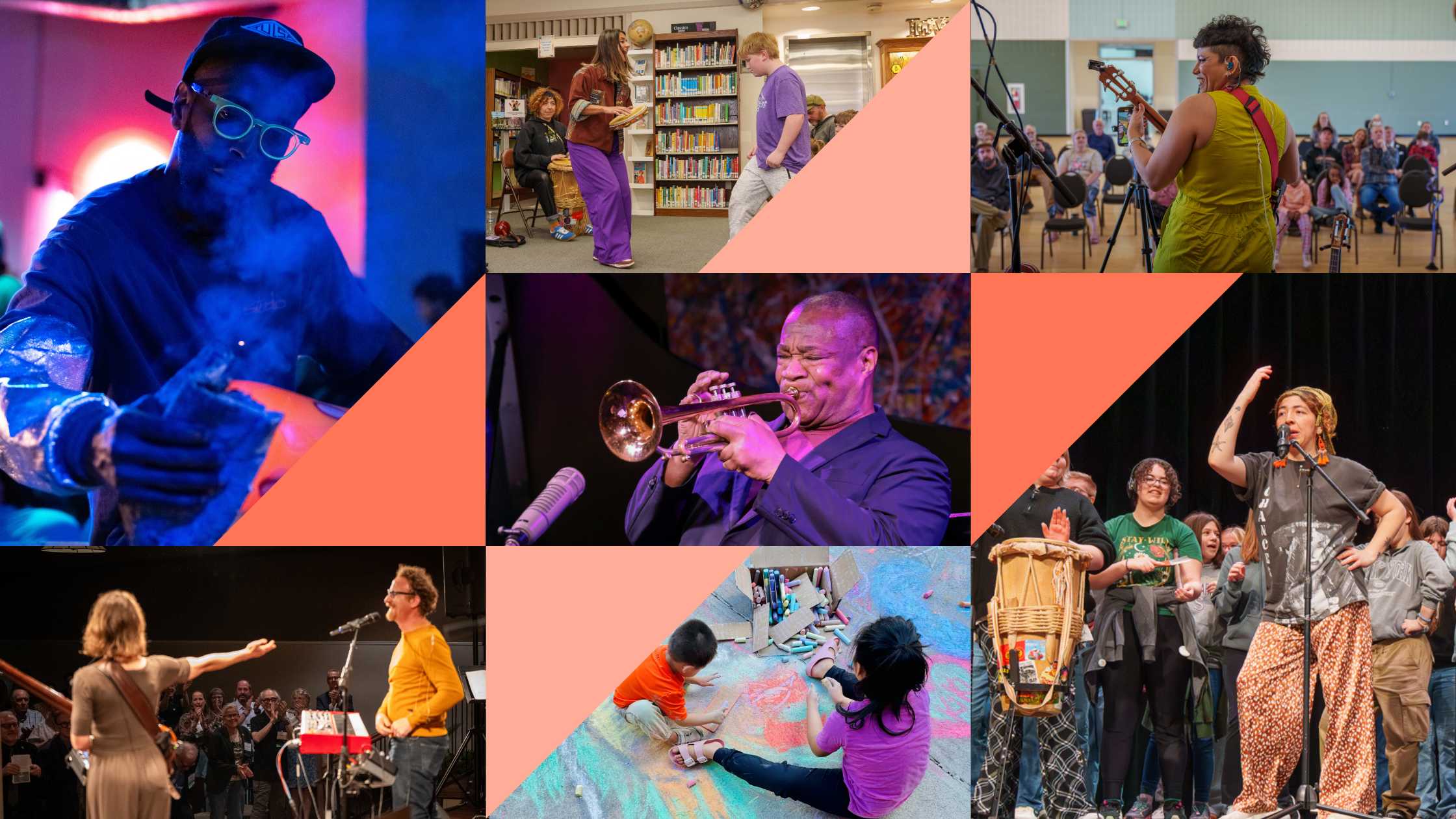 A collage of seven photos showing artists and community members engaged in live performances and creative activities.