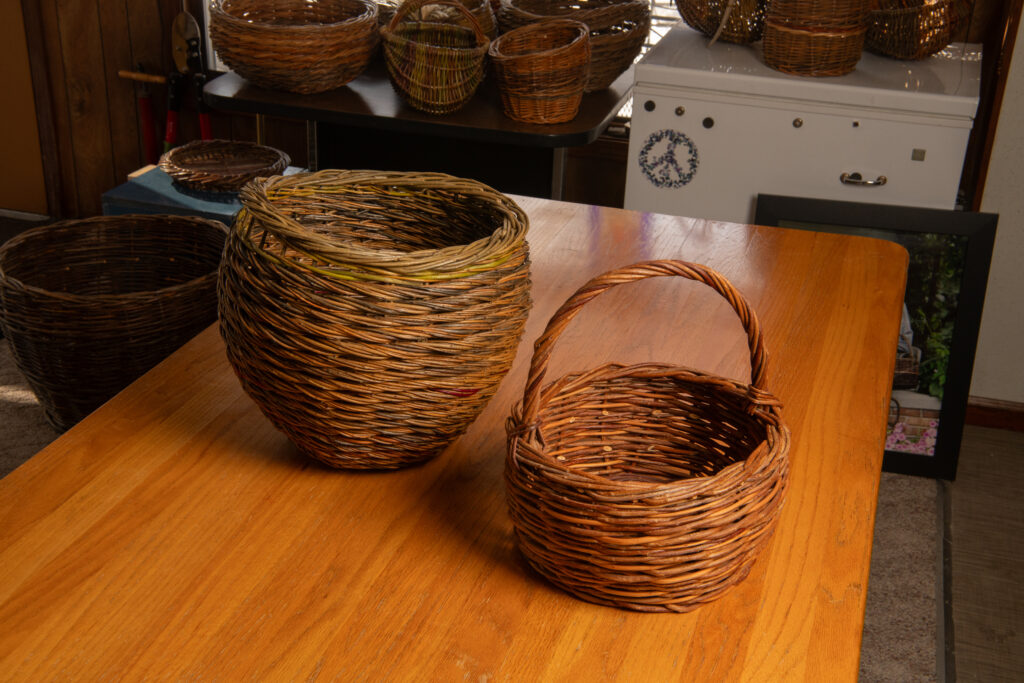 Woven baskets on a table in a home.