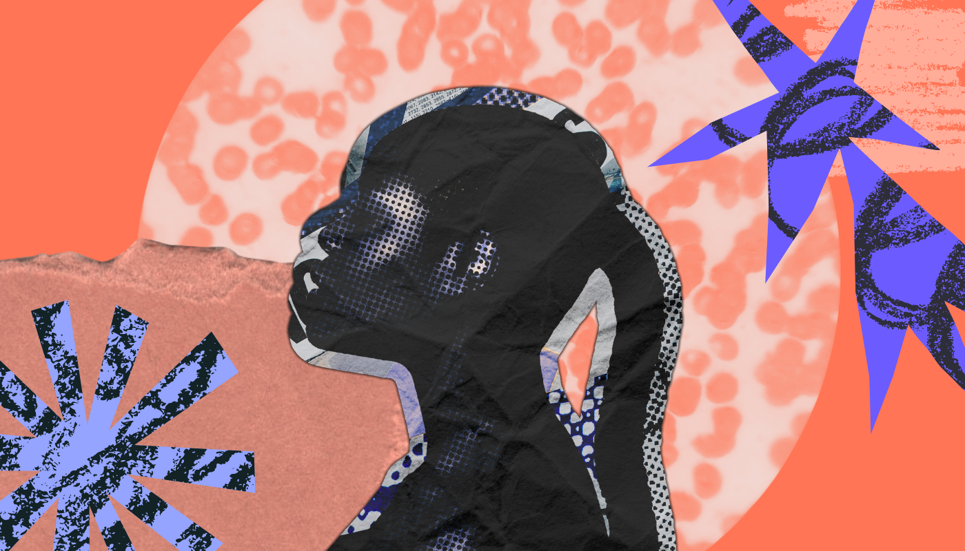 A digital collage depicting a person's silhouette and colorful cutouts of star-like shapes and a dotted texture in the background