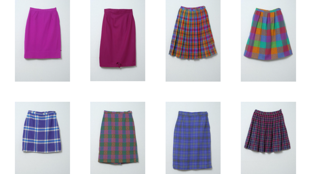 A screenshot of eight different skirts catalogued online.