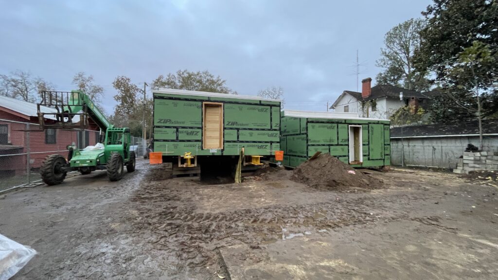A house dug up, cut, and getting ready for relocation.