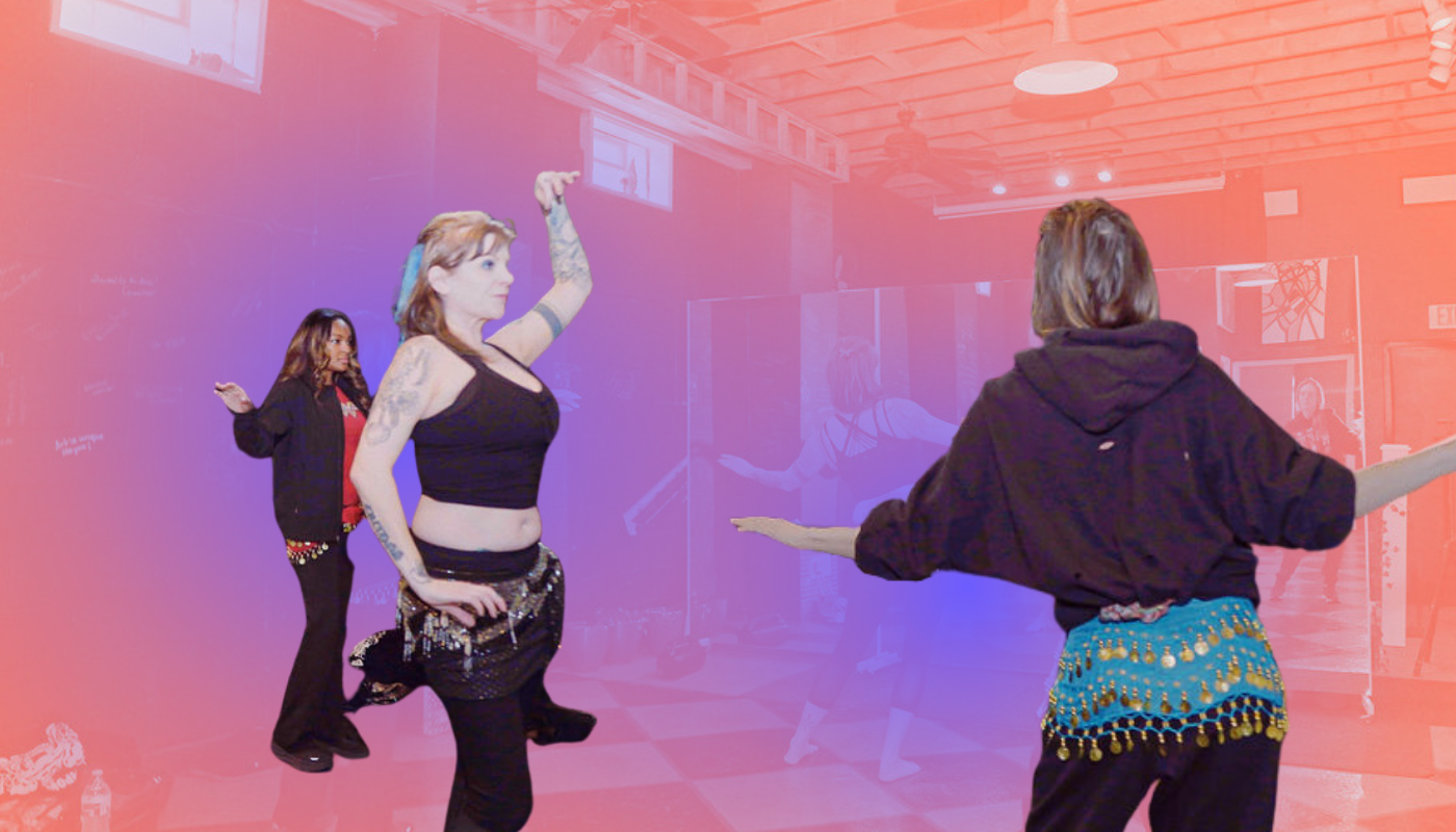 A digital collage with cut outs of three people bellydancing.