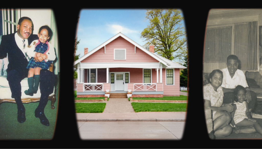 A digital collage of three images. One photo with an adult with a child on their lap, both sitting on an armchair. The second photo of a pink house with white trim and details. And the third photo of two adults and a young child.