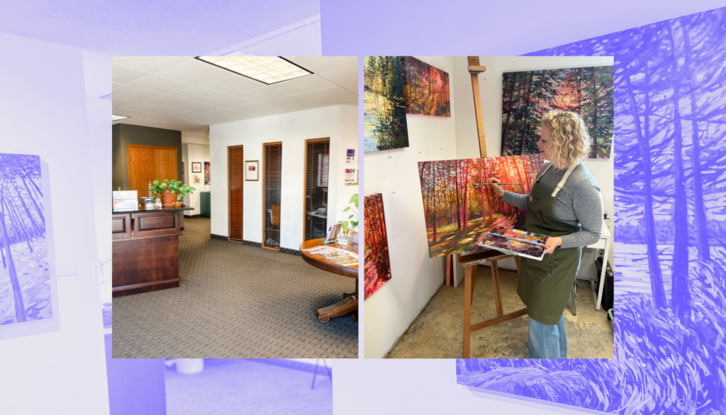 A digital collage three images with a purple tone photo of a room with art hanging on its walls as the background. This is overlaid with two photos: one showing an office space and another of a person painting on canvas that's propped up on an easel