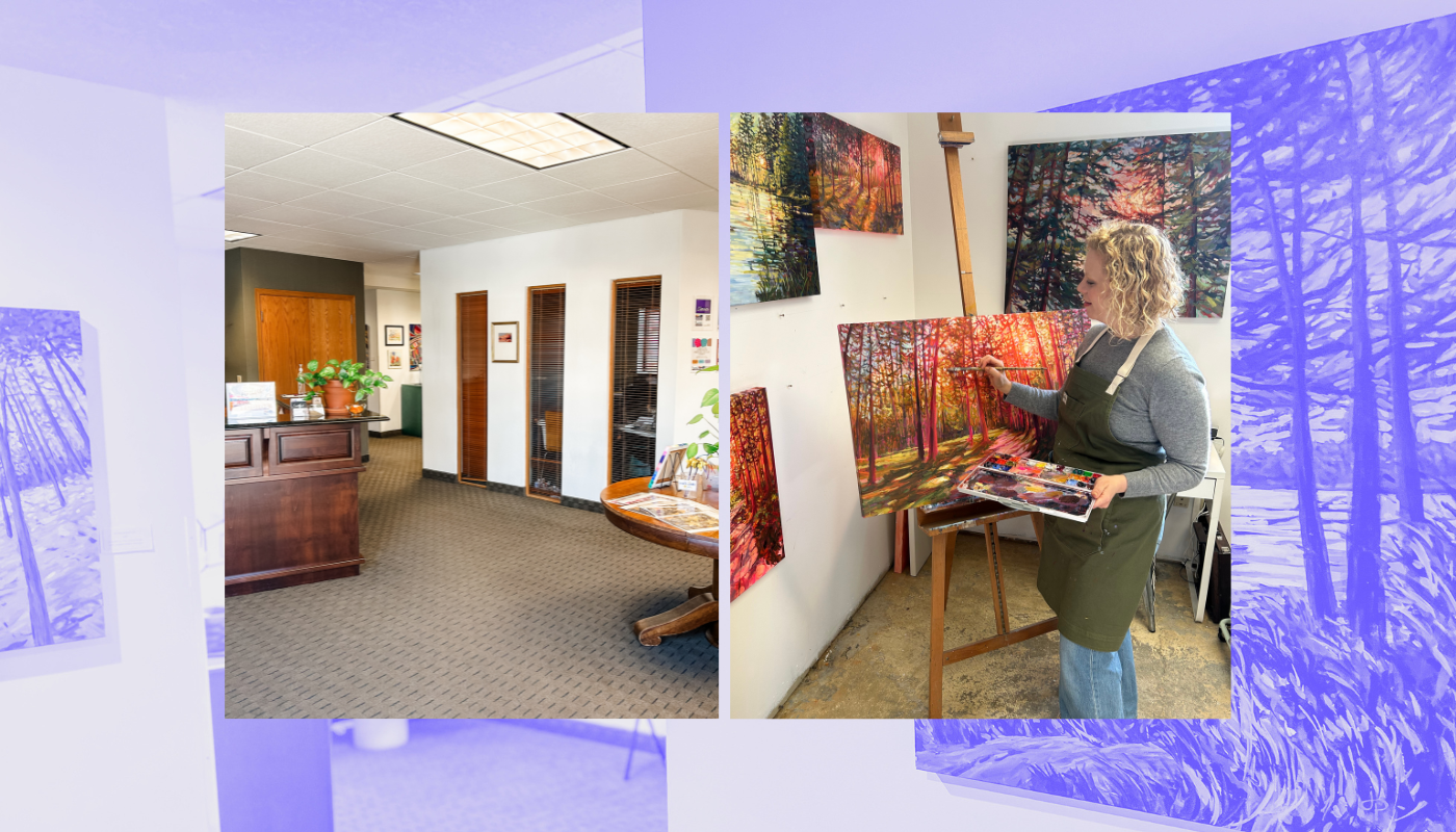A digital collage three images with a purple tone photo of a room with art hanging on its walls as the background. This is overlaid with two photos: one showing an office space and another of a person painting on canvas that's propped up on an easel