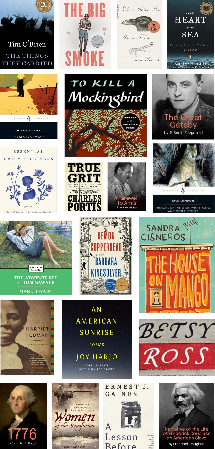 Covers of 21 books by American authors.