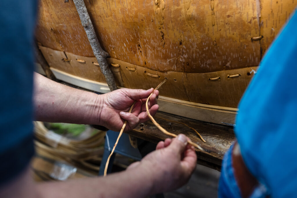 A close up of hands threading tree root through holes on a birch bark canoe
