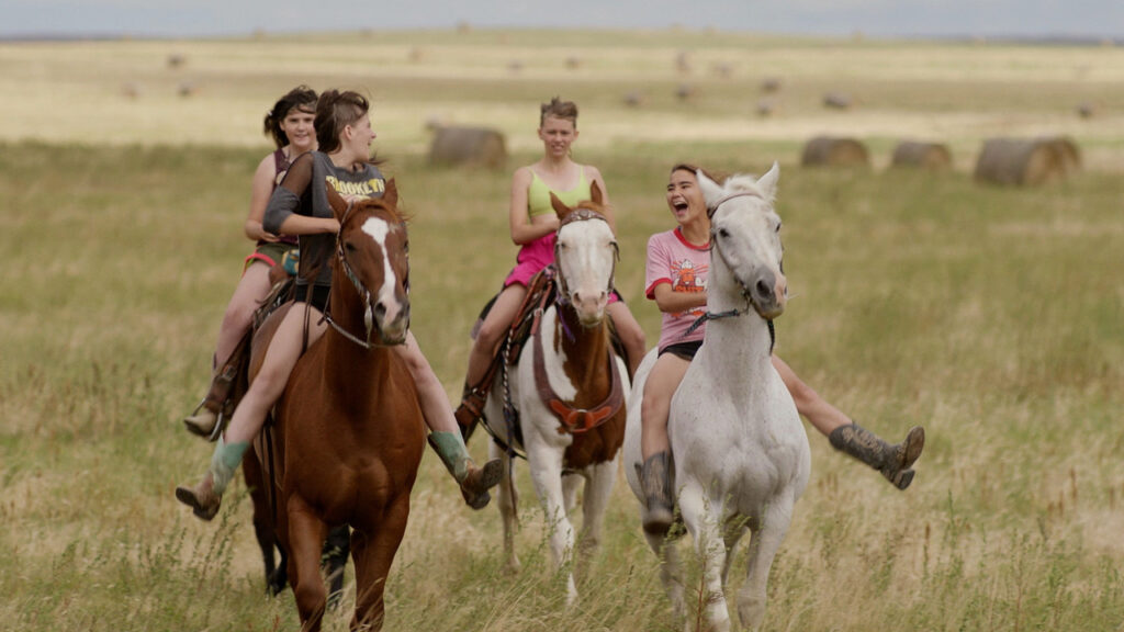 Four young people riding horses in an open field