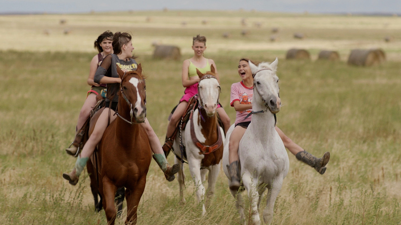 Four young people riding horses in an open field