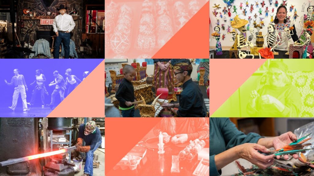 Images of Midwest cultures bearers form a quilt pattern.