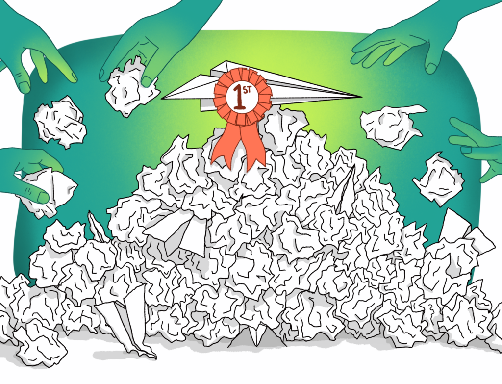 An illustration of five hands throwing crumpled paper airplanes into a pile. On top sits a perfectly folded paper airplane with an orange ribbon that reads "1st."