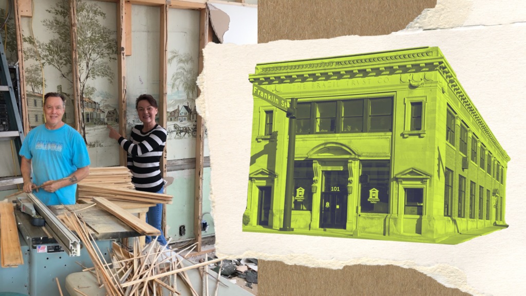 A digital collage of three images depicting people at various stages of renovating a building. On the side there is a cut out of an old two-story bank building