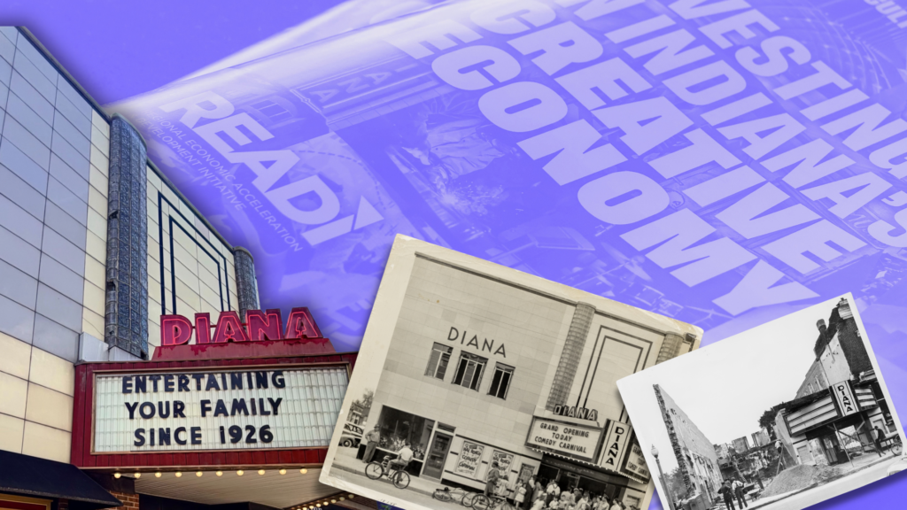 The red historic Diana Theatre marquee. Black lettering reads, "Entertaining Your Family Since 1926." Two black and white photos feature historic images of the Diana Theatre. In the background, a program for the READI program.