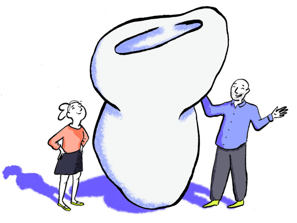 An illustration of two people standing beside a large sculptural vessel in admiration.